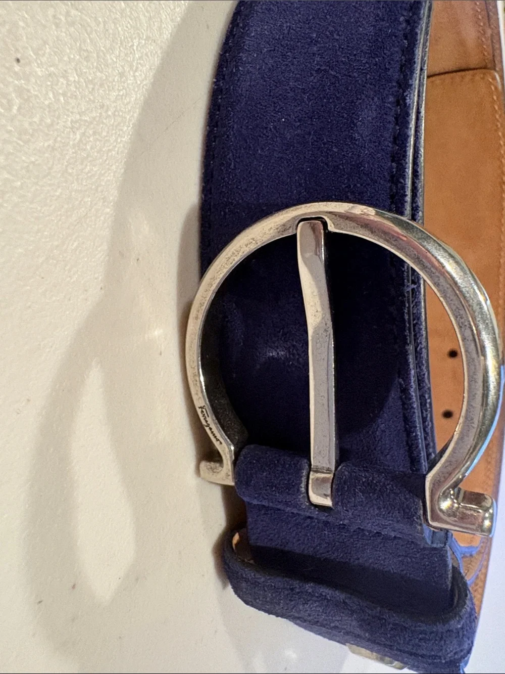 Salvatore Ferragamo - Men's Single Gancio Sude Belt. Navy Blue, Size 115 / US 40
